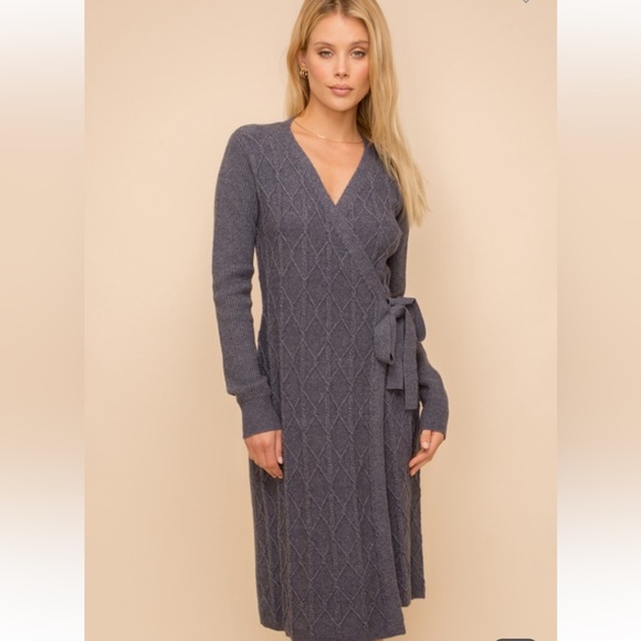 660. Midi Dress Wrap Sweater V-Neck Textured Denim Navy S, M & L Available - Picture 6 of 7